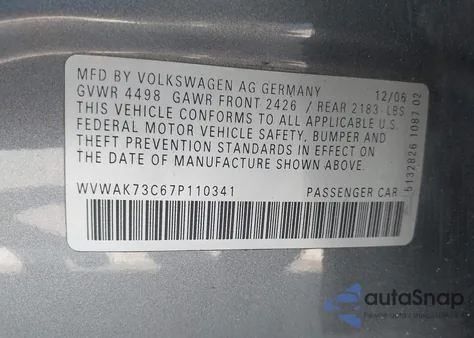 2007 Volkswagen Passat 2.0T/Wolfsburg Edition z USA, uszkodzony, nr VIN WVWAK73C67P110341